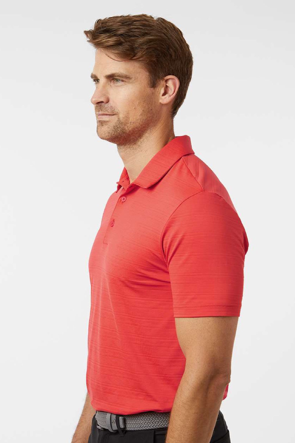 Adidas A704 Mens Textured Stripe Short Sleeve Polo Shirt Bright Red Model Side