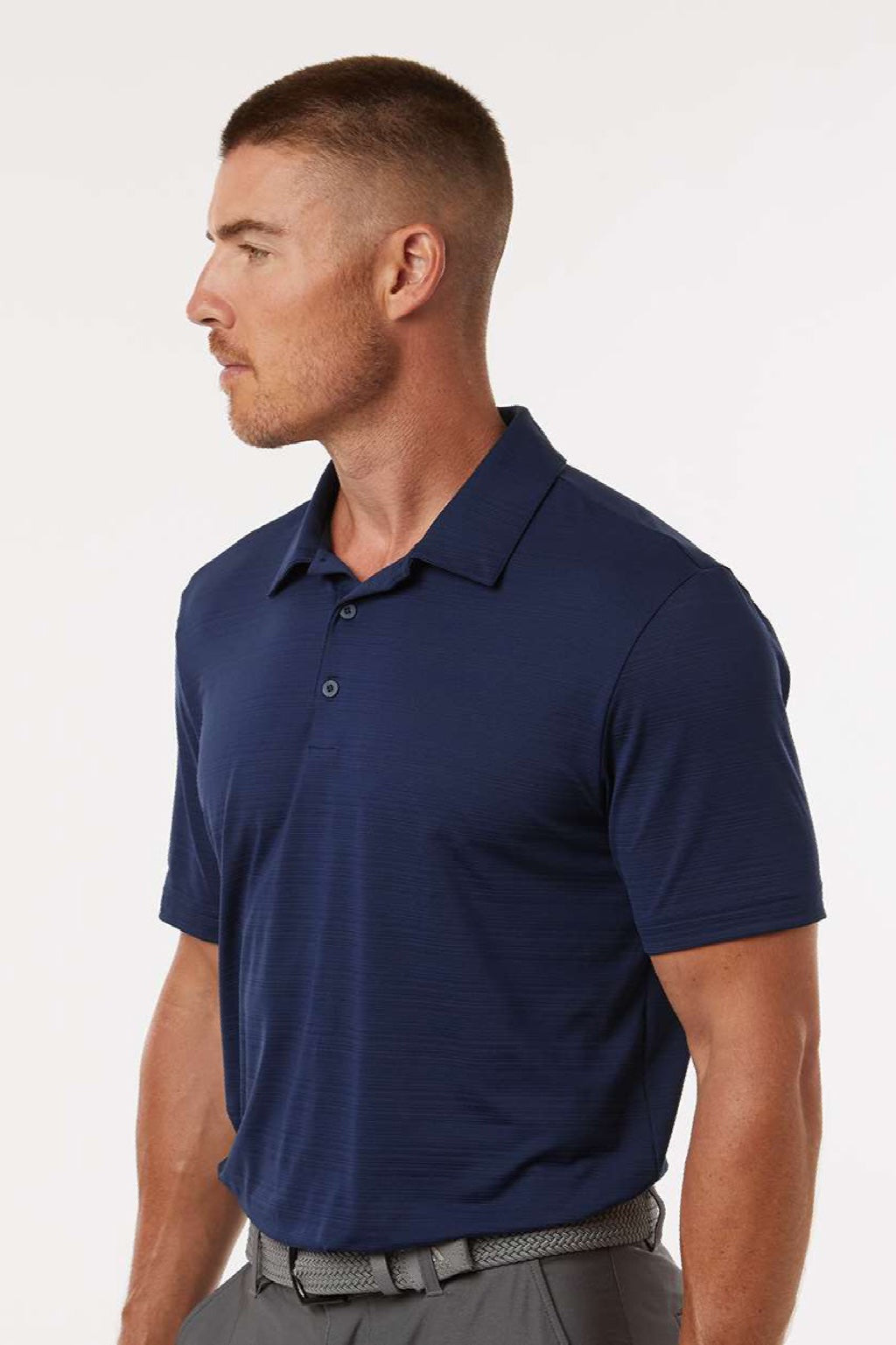 Adidas A704 Mens Textured Stripe Short Sleeve Polo Shirt Dark Blue Model Side