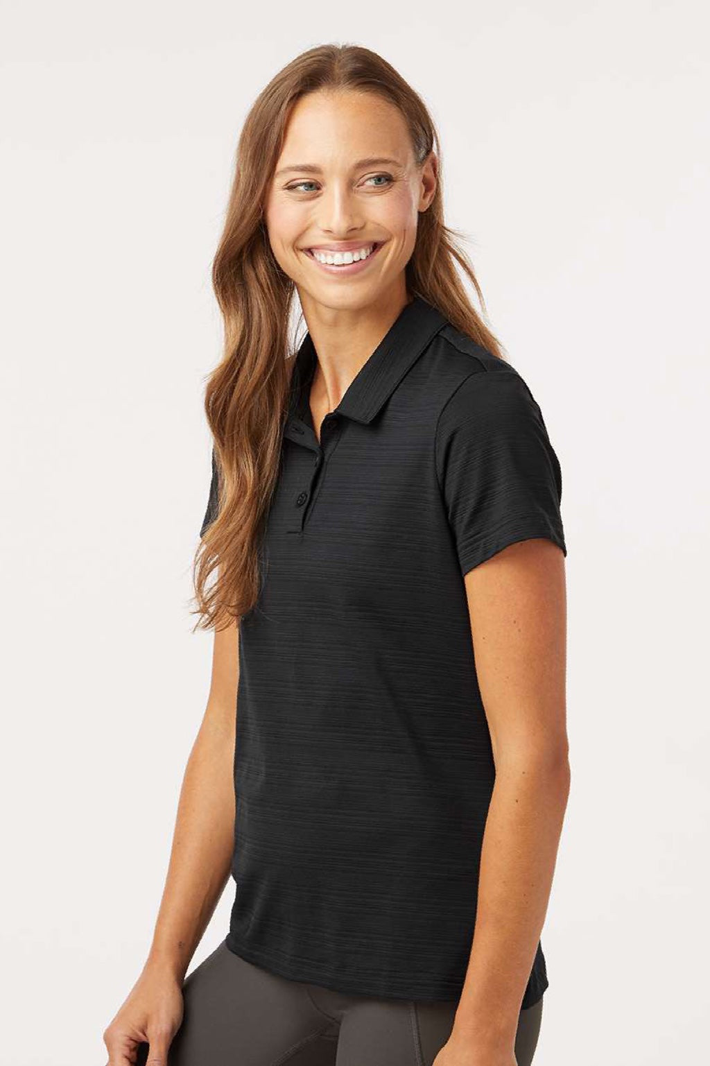 Adidas A707 Womens Textured Stripe Short Sleeve Polo Shirt Black Model Side
