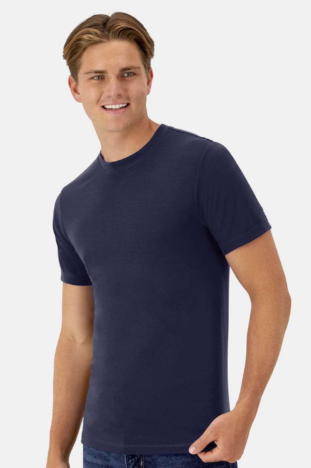 Hanes 4873 Mens Cool Dri Cotton Touch Short Sleeve Crewneck T-Shirt Athletic Navy Blue Model Side