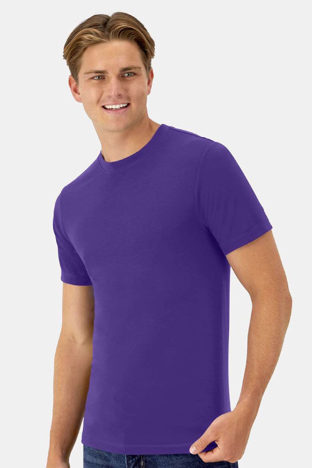 Hanes 4873 Mens Cool Dri Cotton Touch Short Sleeve Crewneck T-Shirt Athletic Purple Model Side