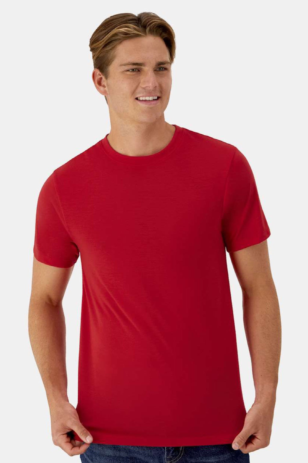 Hanes 4873 Mens Cool Dri Cotton Touch Short Sleeve Crewneck T-Shirt Athletic Red Model Front