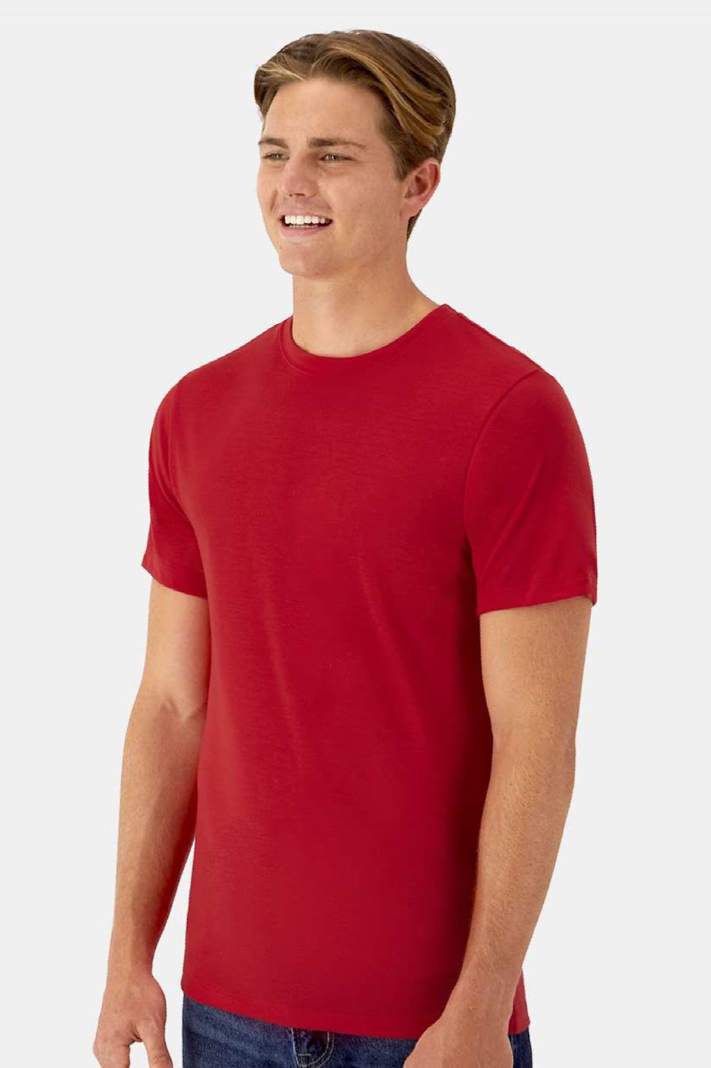 Hanes 4873 Mens Cool Dri Cotton Touch Short Sleeve Crewneck T-Shirt Athletic Red Model Side