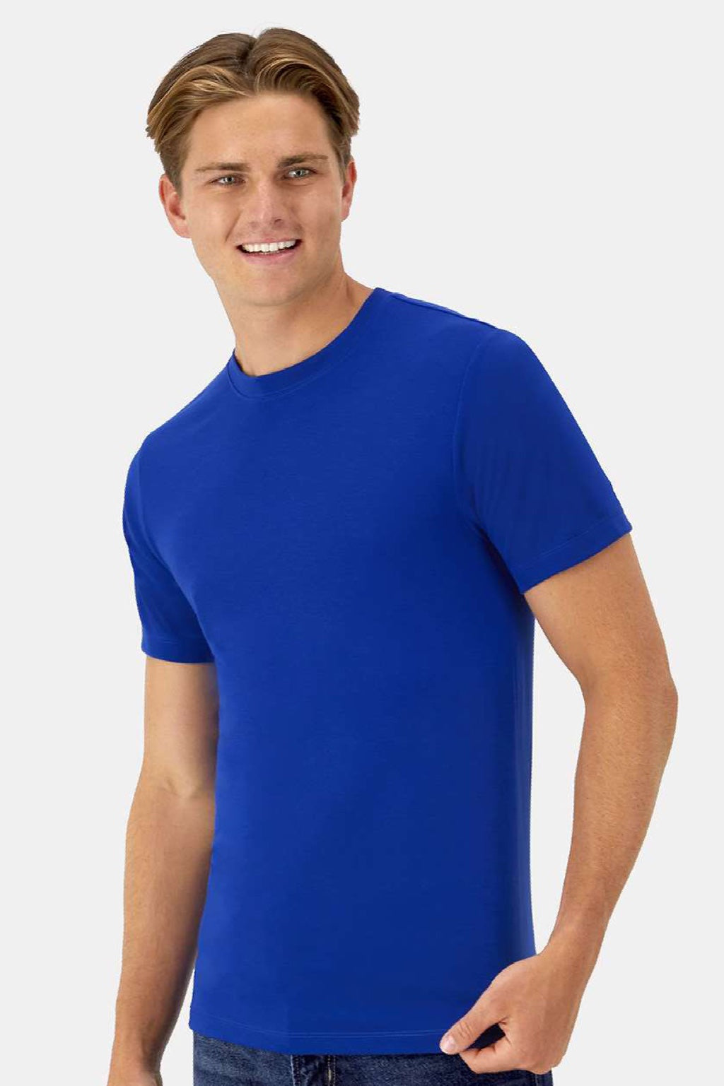 Hanes 4873 Mens Cool Dri Cotton Touch Short Sleeve Crewneck T-Shirt Athletic Royal Blue Model Side
