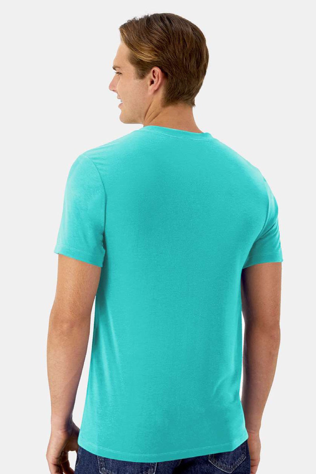 Hanes 4873 Mens Cool Dri Cotton Touch Short Sleeve Crewneck T-Shirt Athletic Teal Blue Model Back