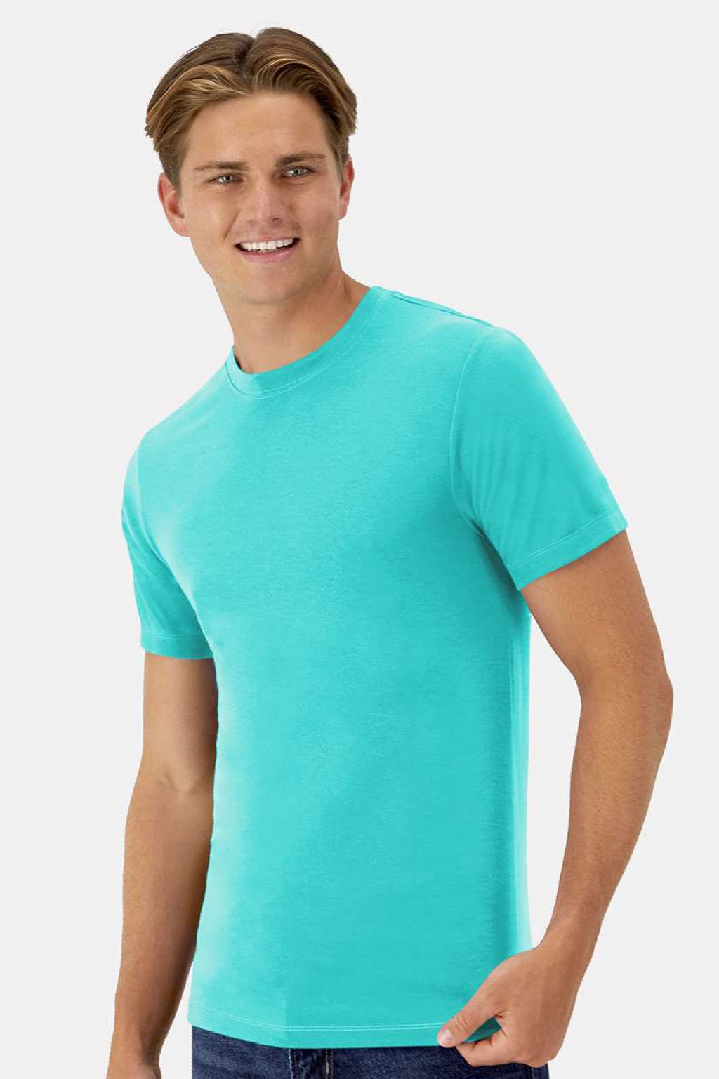 Hanes 4873 Mens Cool Dri Cotton Touch Short Sleeve Crewneck T-Shirt Athletic Teal Blue Model Side