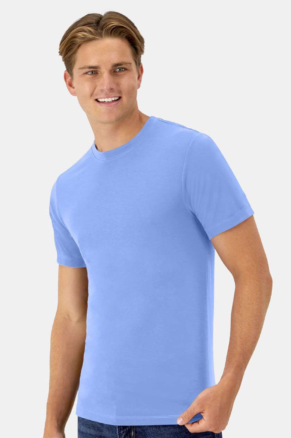 Hanes 4873 Mens Cool Dri Cotton Touch Short Sleeve Crewneck T-Shirt Carolina Blue Model Side