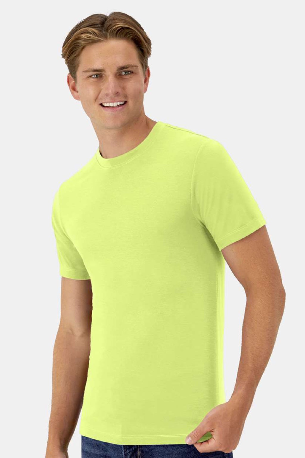 Hanes 4873 Mens Cool Dri Cotton Touch Short Sleeve Crewneck T-Shirt Safety Green Model Side