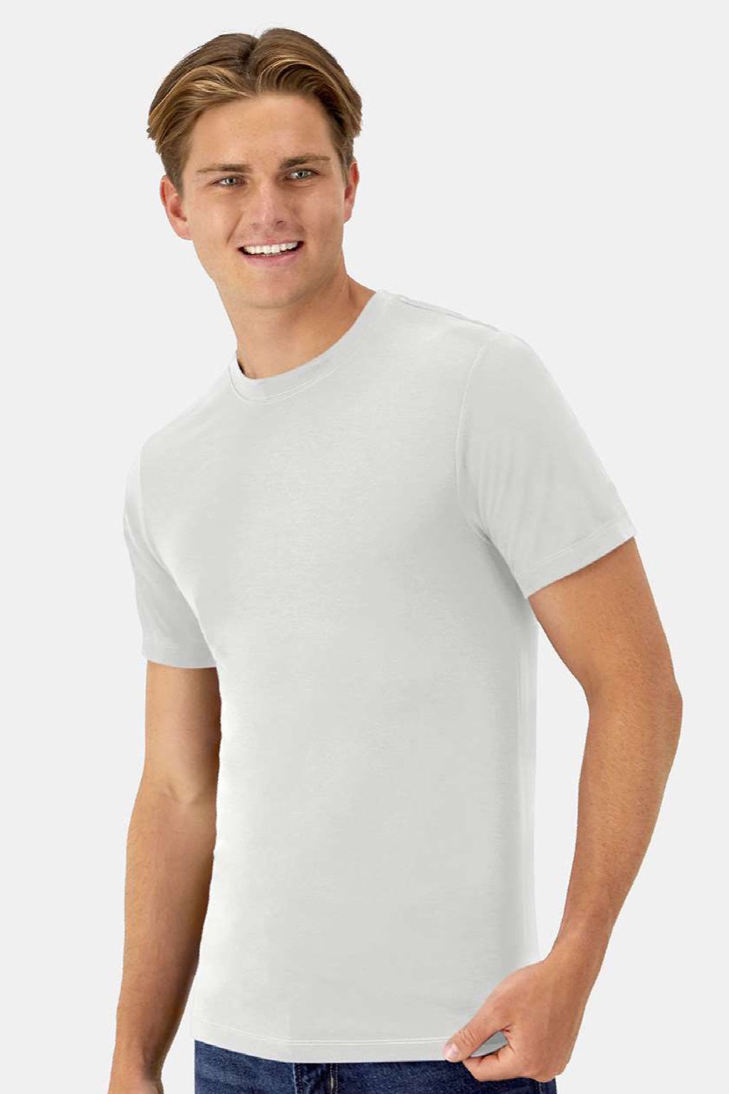 Hanes 4873 Mens Cool Dri Cotton Touch Short Sleeve Crewneck T-Shirt White Model Side