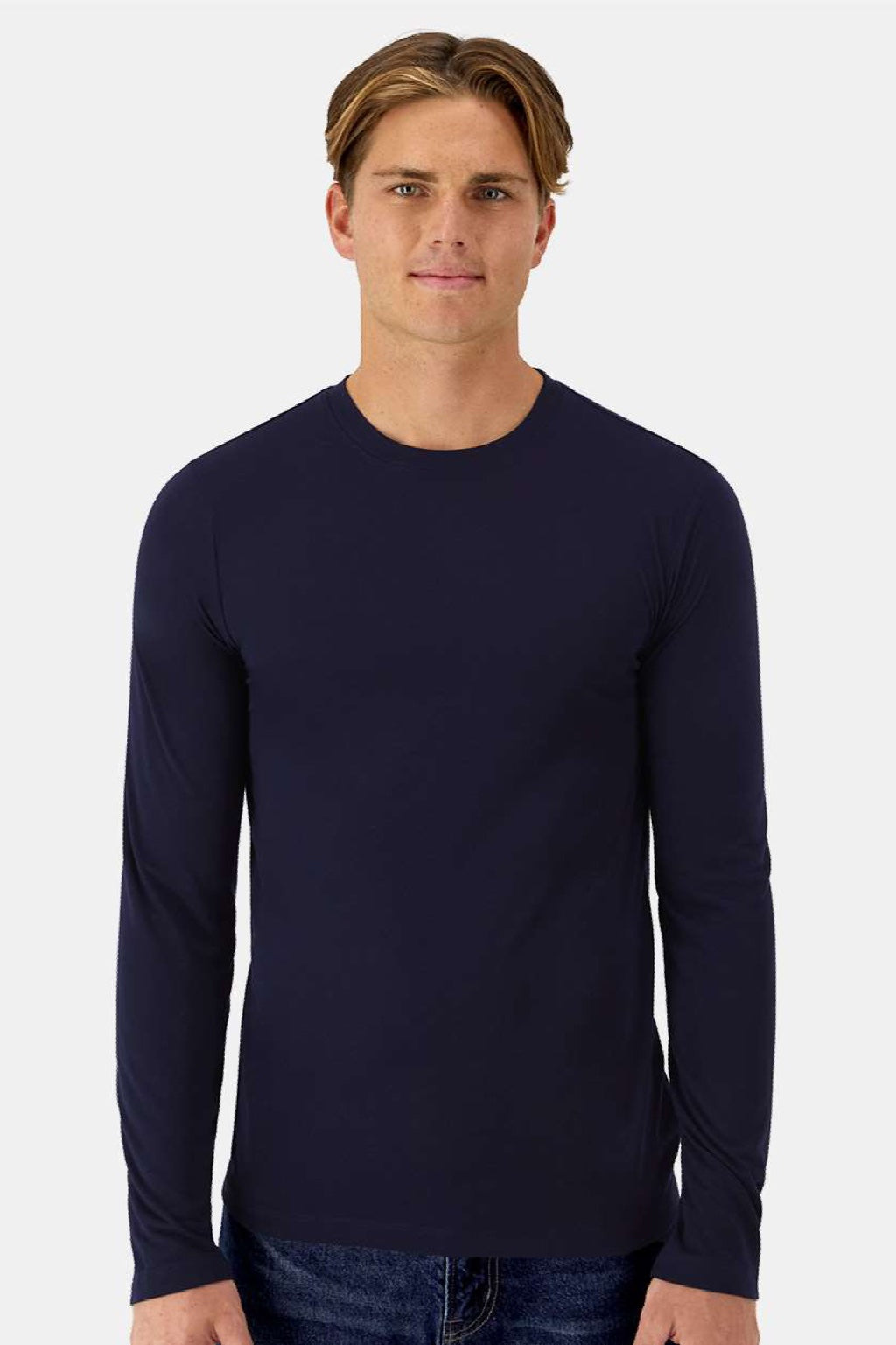 Hanes 484L Mens Cool Dri Cotton Touch Long Sleeve Crewneck T-Shirt Athletic Navy Blue Model Front