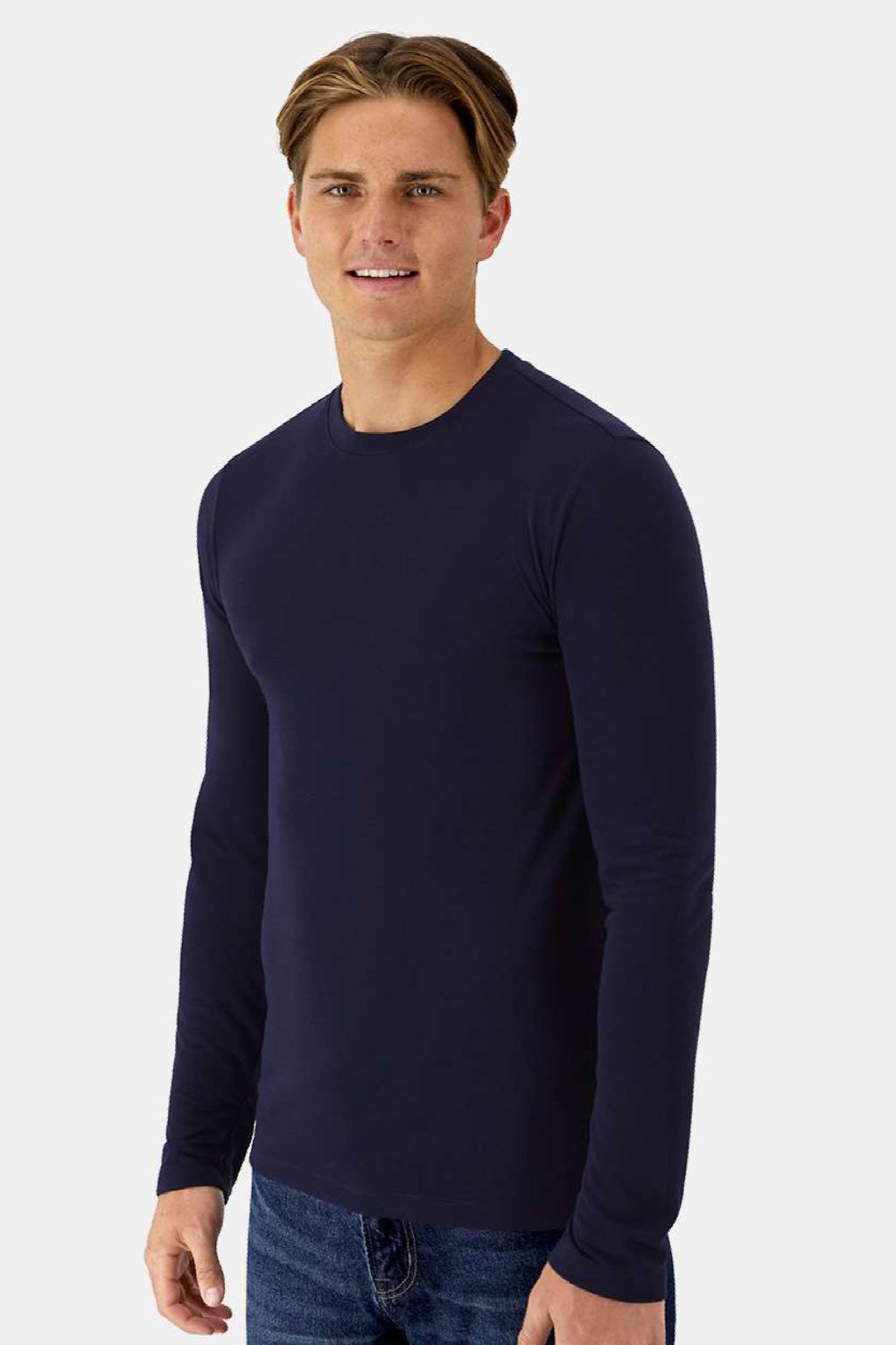 Hanes 484L Mens Cool Dri Cotton Touch Long Sleeve Crewneck T-Shirt Athletic Navy Blue Model Side