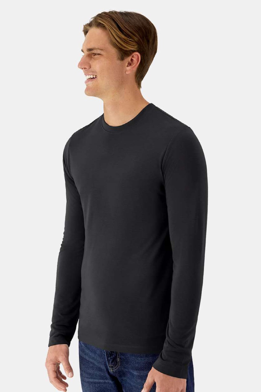 Hanes 484L Mens Cool Dri Cotton Touch Long Sleeve Crewneck T-Shirt Black Model Side