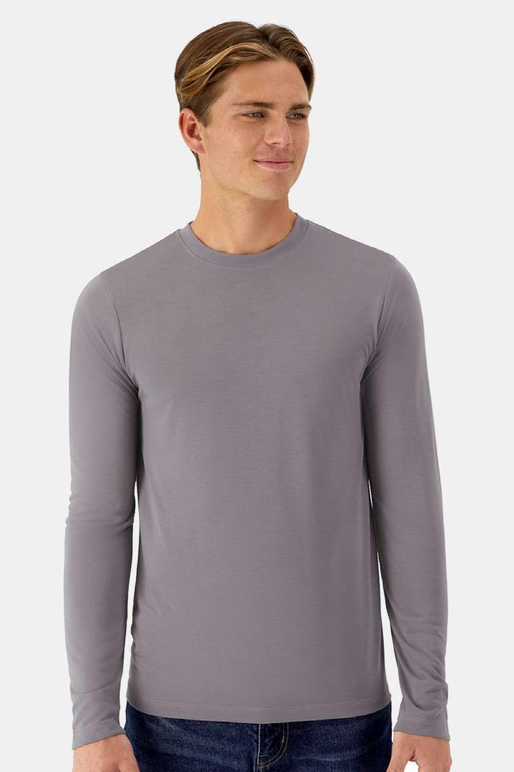 Hanes 484L Mens Cool Dri Cotton Touch Long Sleeve Crewneck T-Shirt Graphite Grey Model Front