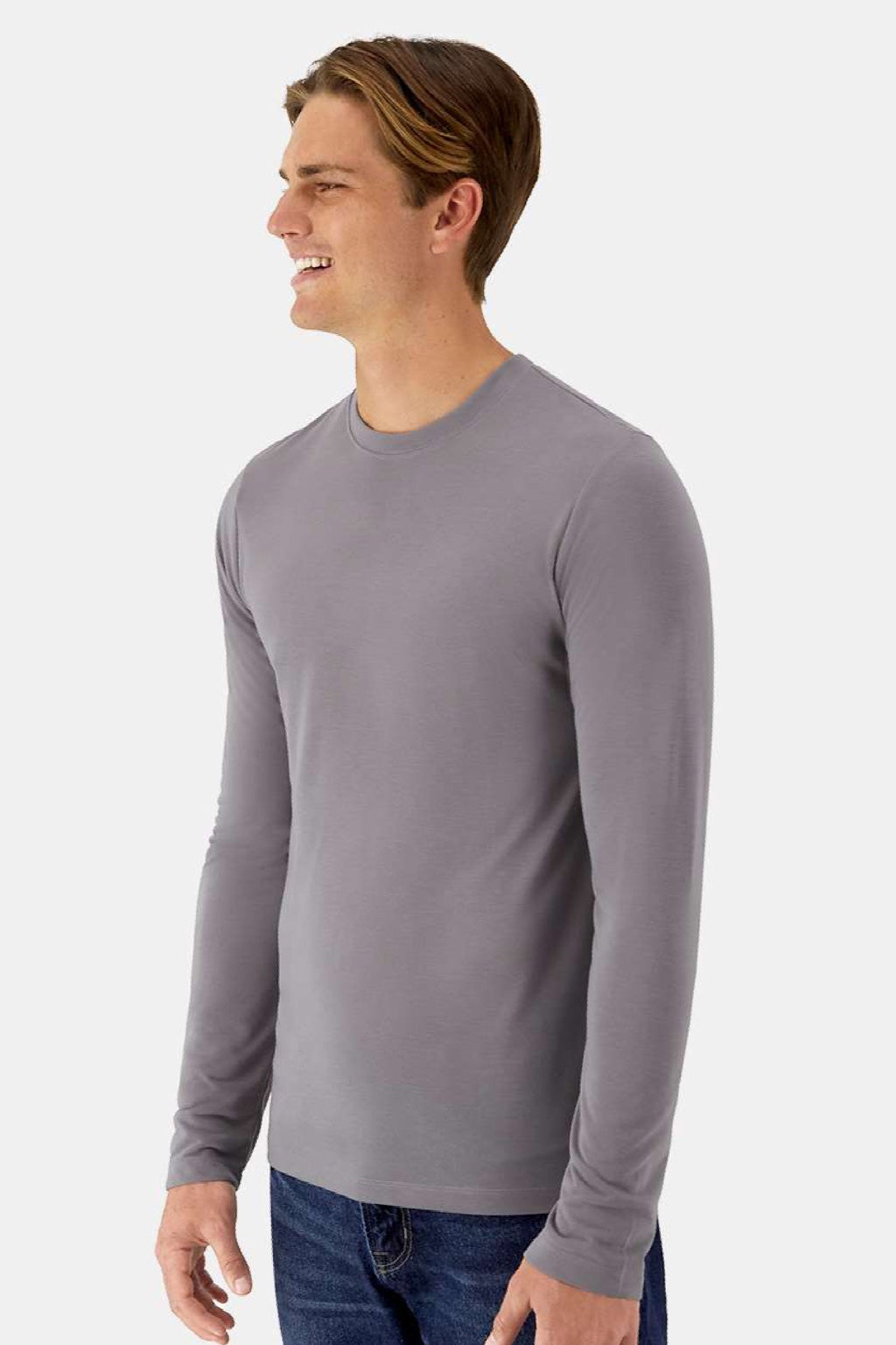 Hanes 484L Mens Cool Dri Cotton Touch Long Sleeve Crewneck T-Shirt Graphite Grey Model Side