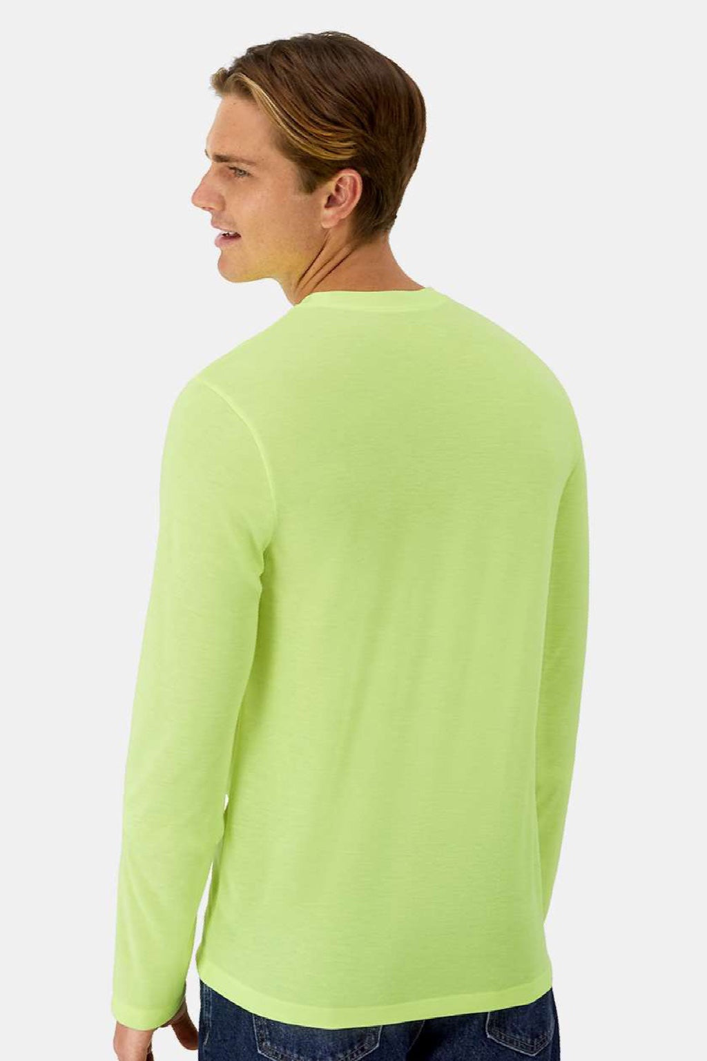 Hanes 484L Mens Cool Dri Cotton Touch Long Sleeve Crewneck T-Shirt Safety Green Model Back