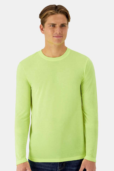 Hanes 484L Mens Cool Dri Cotton Touch Long Sleeve Crewneck T-Shirt Safety Green Model Front