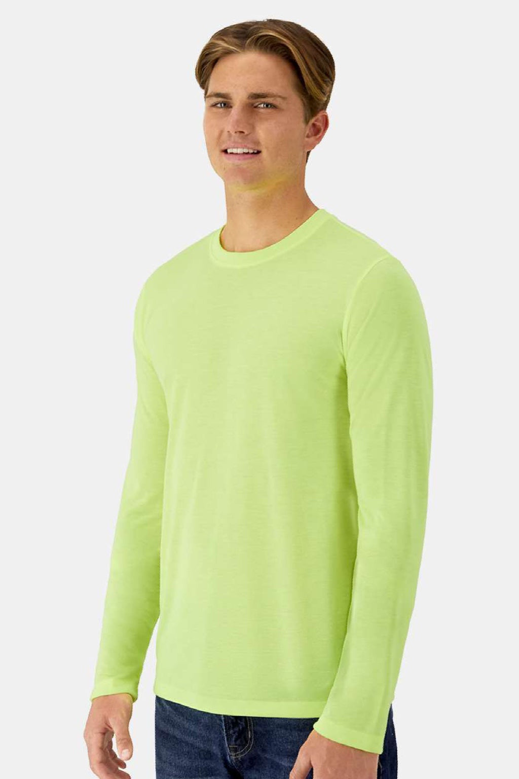 Hanes 484L Mens Cool Dri Cotton Touch Long Sleeve Crewneck T-Shirt Safety Green Model Side