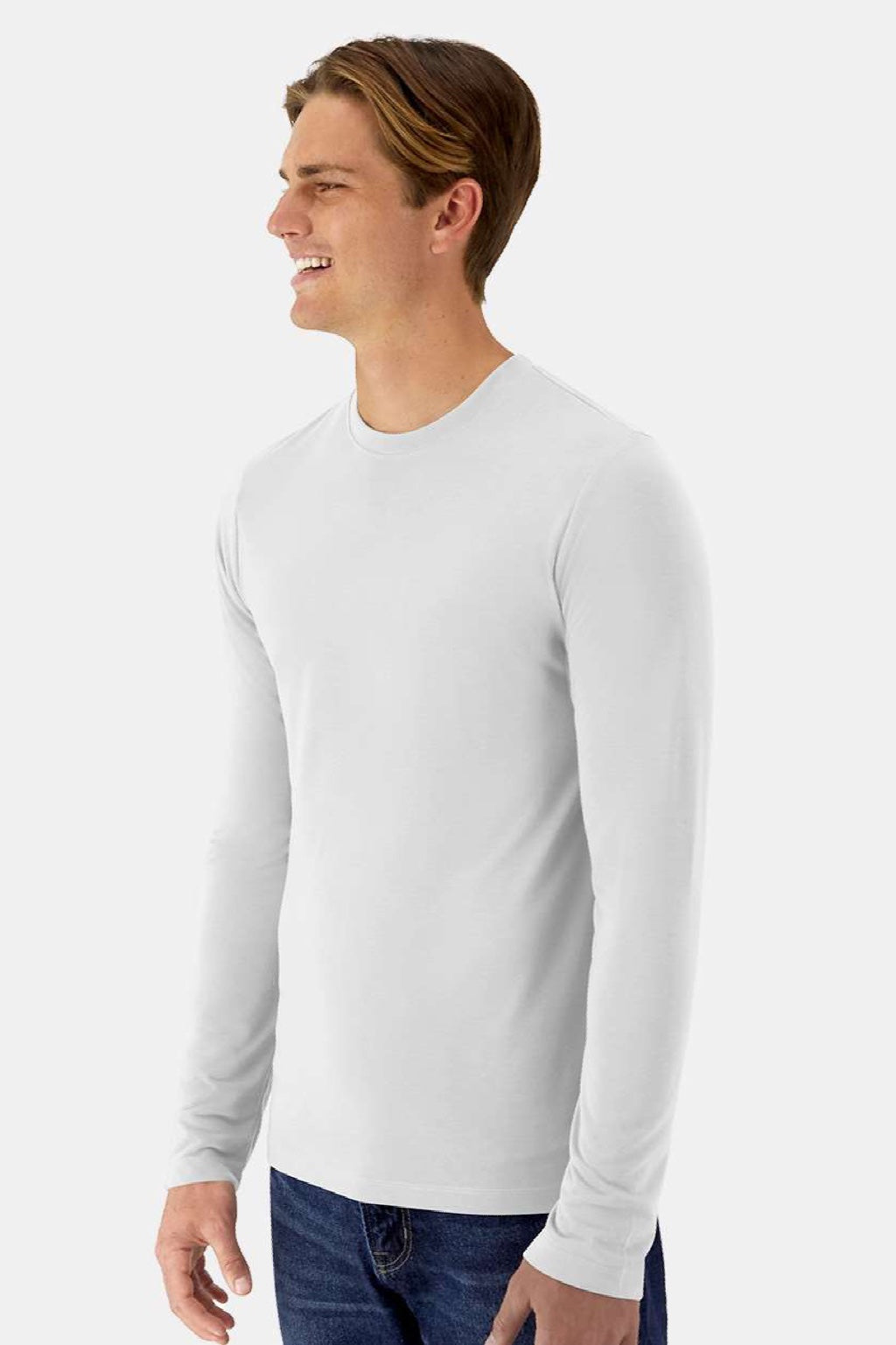 Hanes 484L Mens Cool Dri Cotton Touch Long Sleeve Crewneck T-Shirt White Model Side