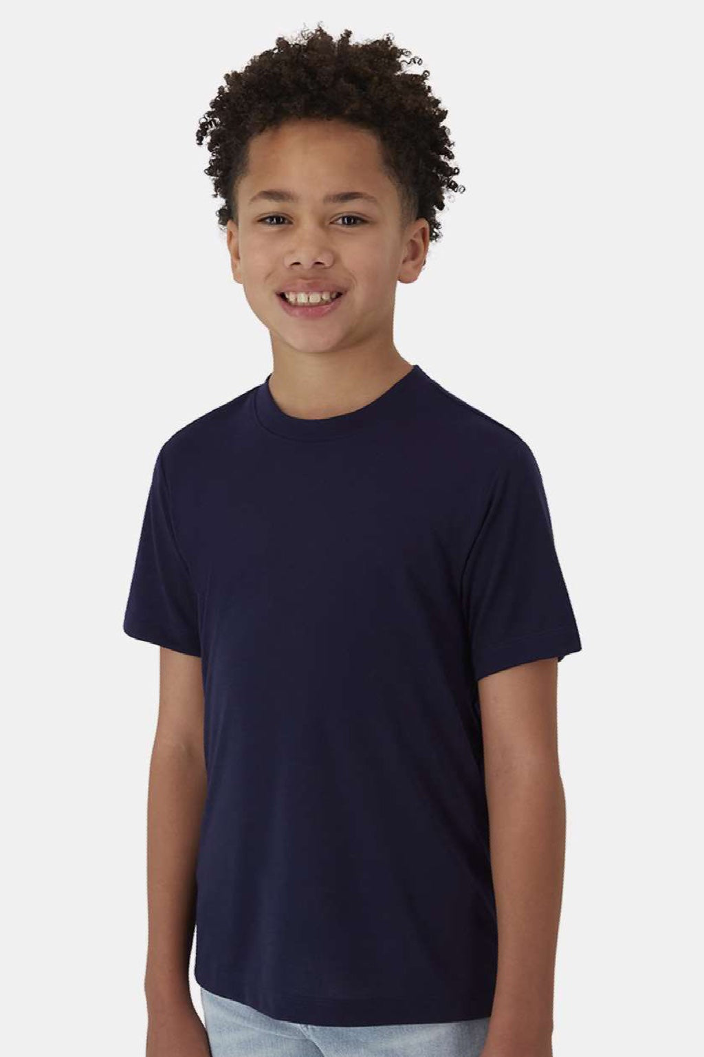 Hanes 484Y Youth Cool Dri Cotton Touch Short Sleeve Crewneck T-Shirt Athletic Navy Blue Model Front
