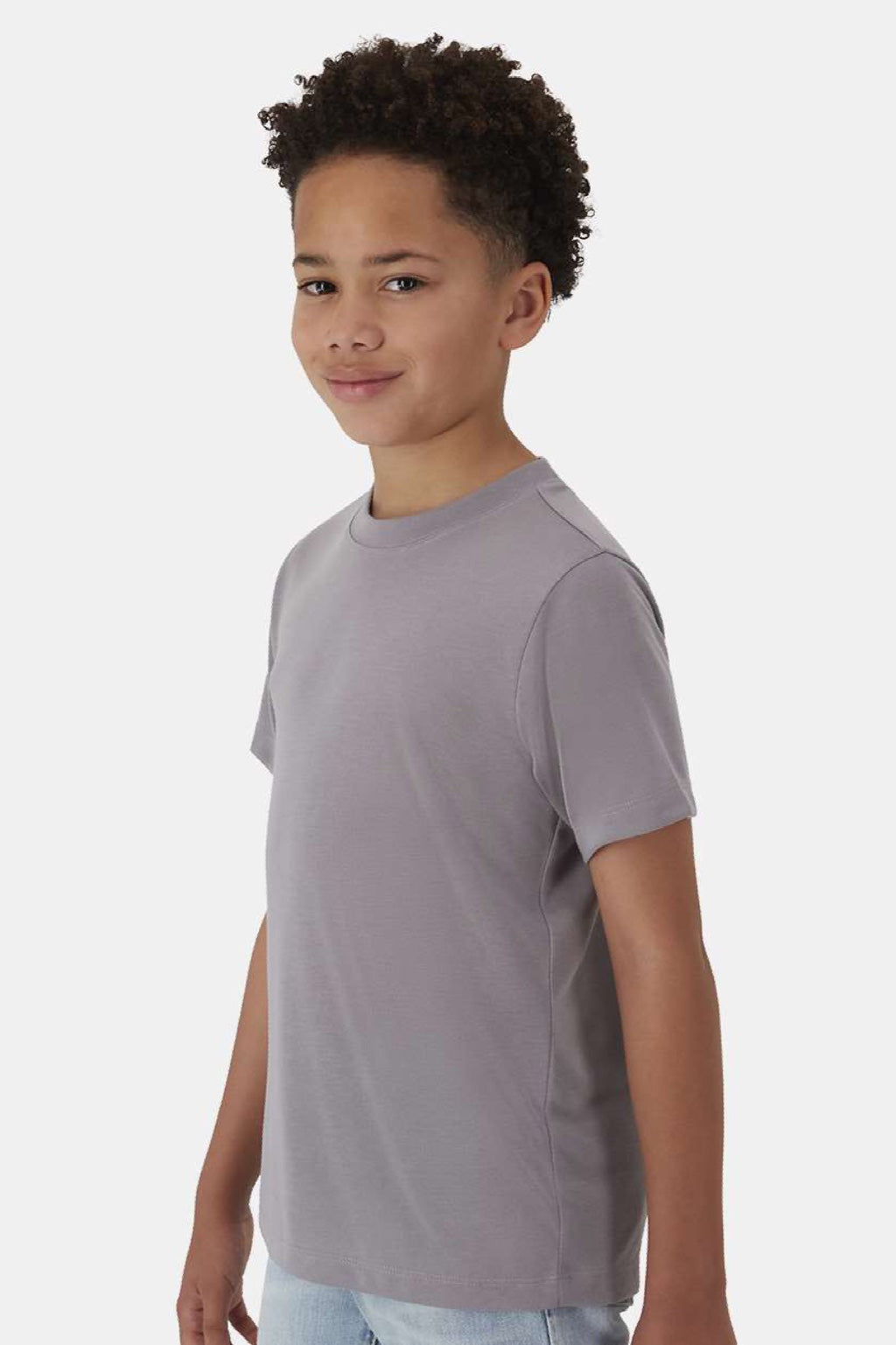 Hanes 484Y Youth Cool Dri Cotton Touch Short Sleeve Crewneck T-Shirt Graphite Grey Model Side