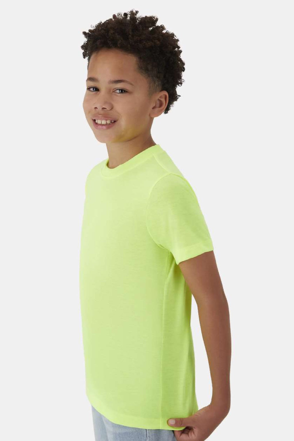 Hanes 484Y Youth Cool Dri Cotton Touch Short Sleeve Crewneck T-Shirt Safety Green Model Side