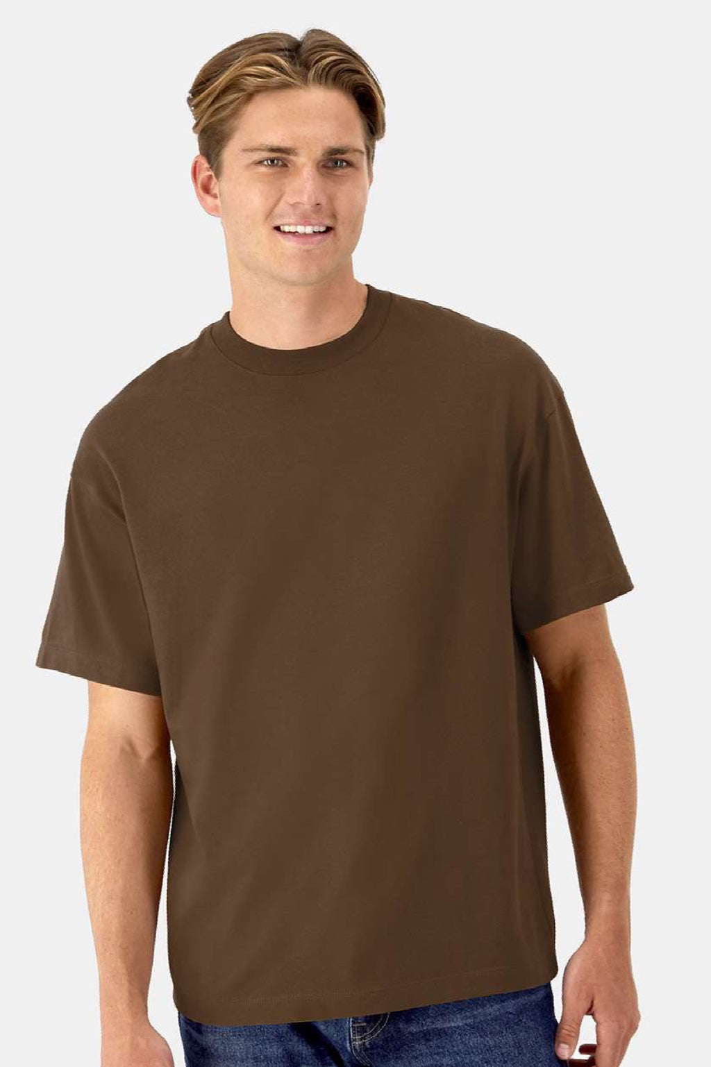 Hanes 5180R Mens Beefy-T Retro Street Short Sleeve Crewneck T-Shirt Army Brown Model Front