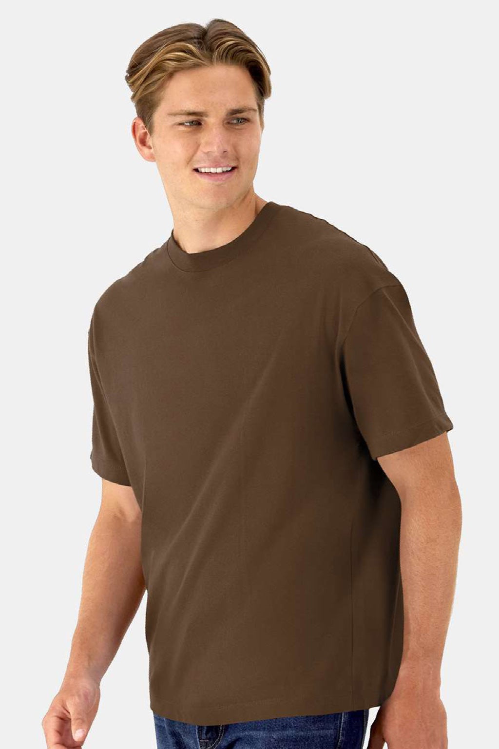 Hanes 5180R Mens Beefy-T Retro Street Short Sleeve Crewneck T-Shirt Army Brown Model Side