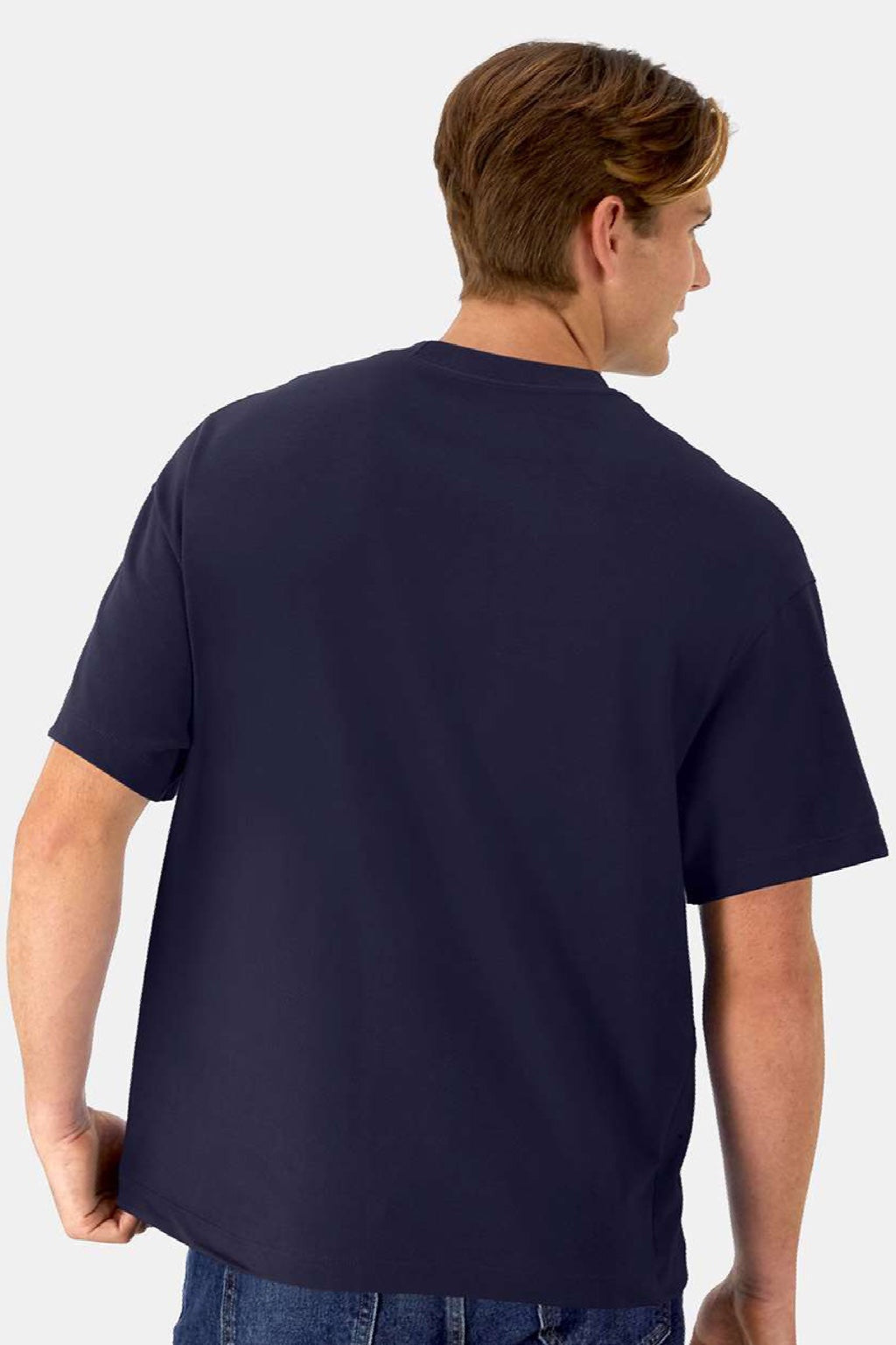Hanes 5180R Mens Beefy-T Retro Street Short Sleeve Crewneck T-Shirt Athletic Navy Blue Model Back