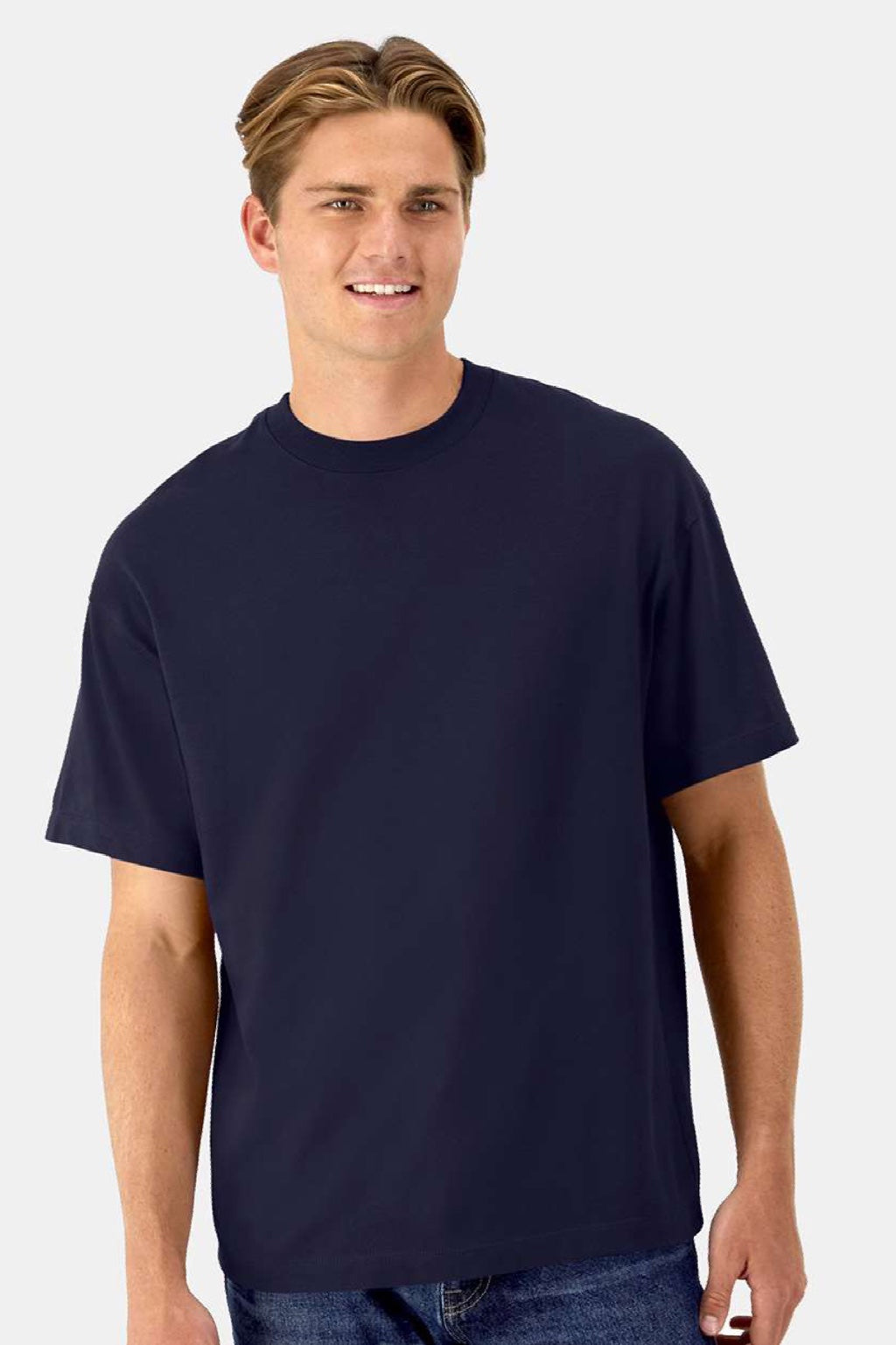 Hanes 5180R Mens Beefy-T Retro Street Short Sleeve Crewneck T-Shirt Athletic Navy Blue Model Front