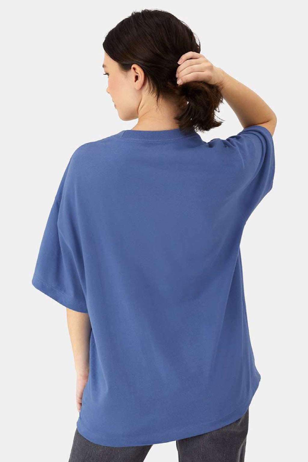 Hanes 5180R Mens Beefy-T Retro Street Short Sleeve Crewneck T-Shirt Denim Blue Model Back