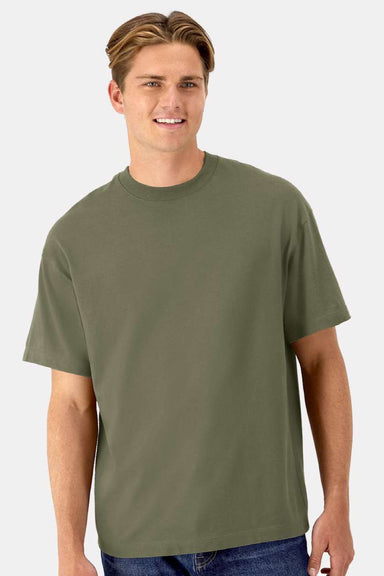 Hanes 5180R Mens Beefy-T Retro Street Short Sleeve Crewneck T-Shirt Fatigue Green Model Front