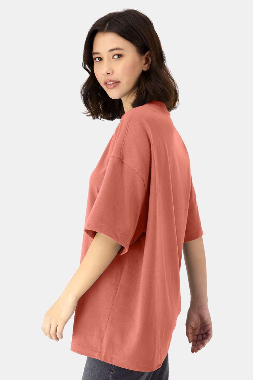 Hanes 5180R Mens Beefy-T Retro Street Short Sleeve Crewneck T-Shirt Picante Pink Model Side