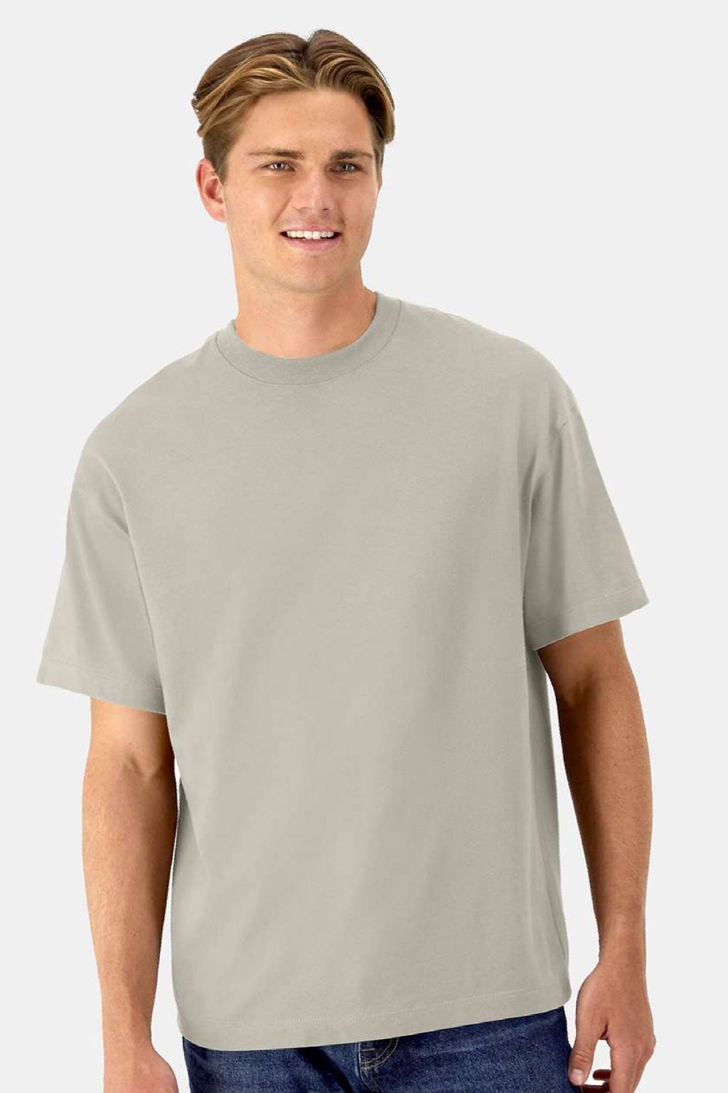 Hanes 5180R Mens Beefy-T Retro Street Short Sleeve Crewneck T-Shirt Sand Model Front