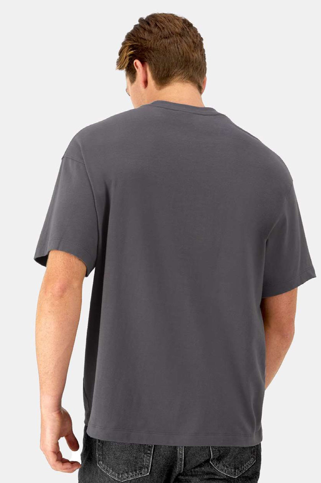 Hanes 5180R Mens Beefy-T Retro Street Short Sleeve Crewneck T-Shirt Smoke Grey Model Back