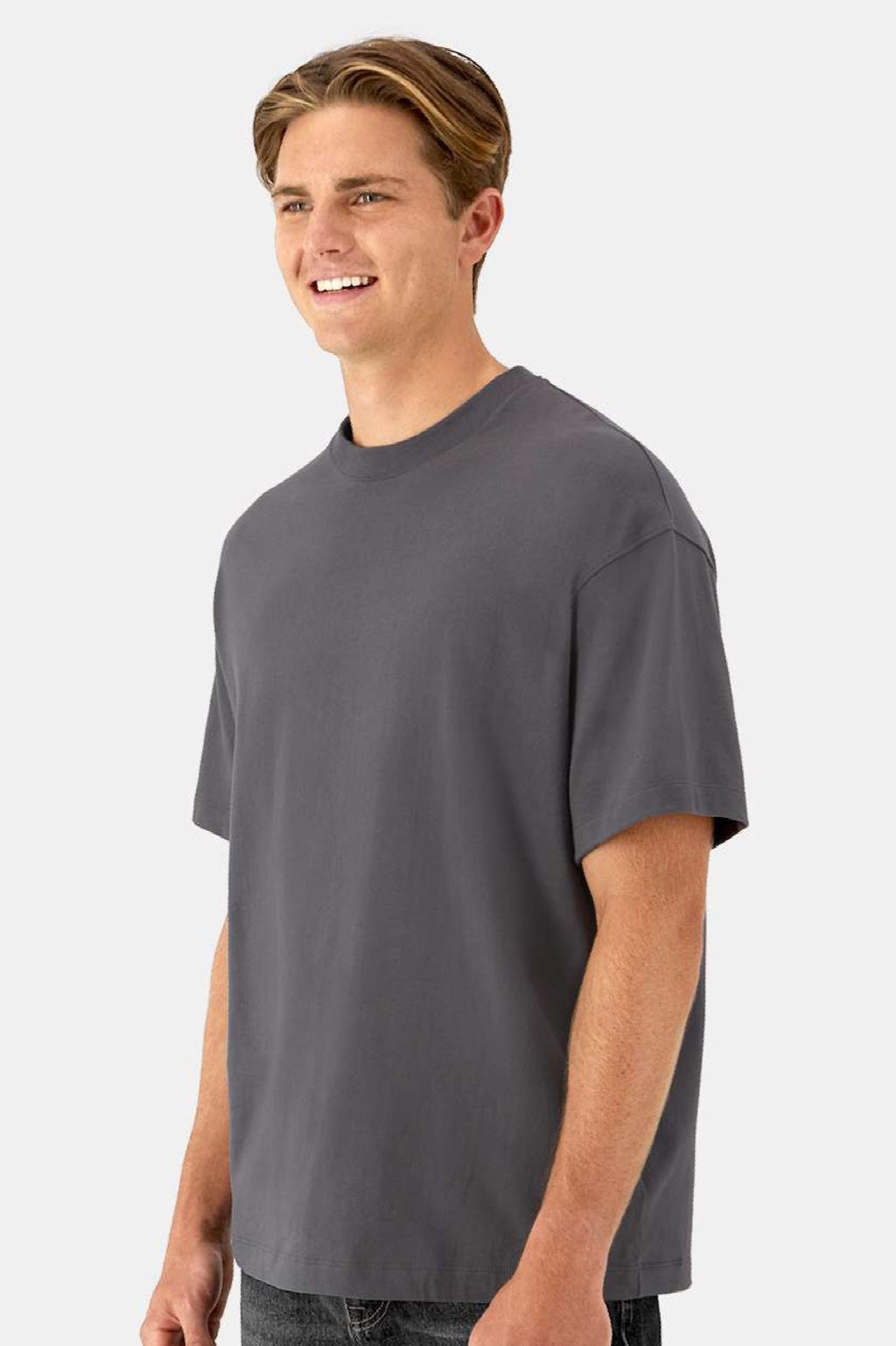 Hanes 5180R Mens Beefy-T Retro Street Short Sleeve Crewneck T-Shirt Smoke Grey Model Side