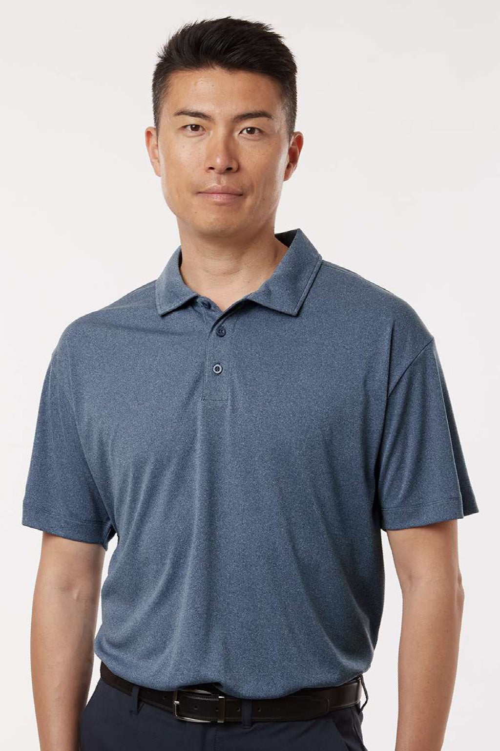 AllPro 41800 Mens Pro Lock Performance Short Sleeve Polo Shirt Heather Navy Blue Model Front