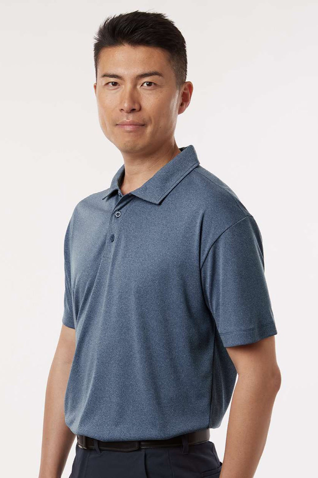 AllPro 41800 Mens Pro Lock Performance Short Sleeve Polo Shirt Heather Navy Blue Model Side