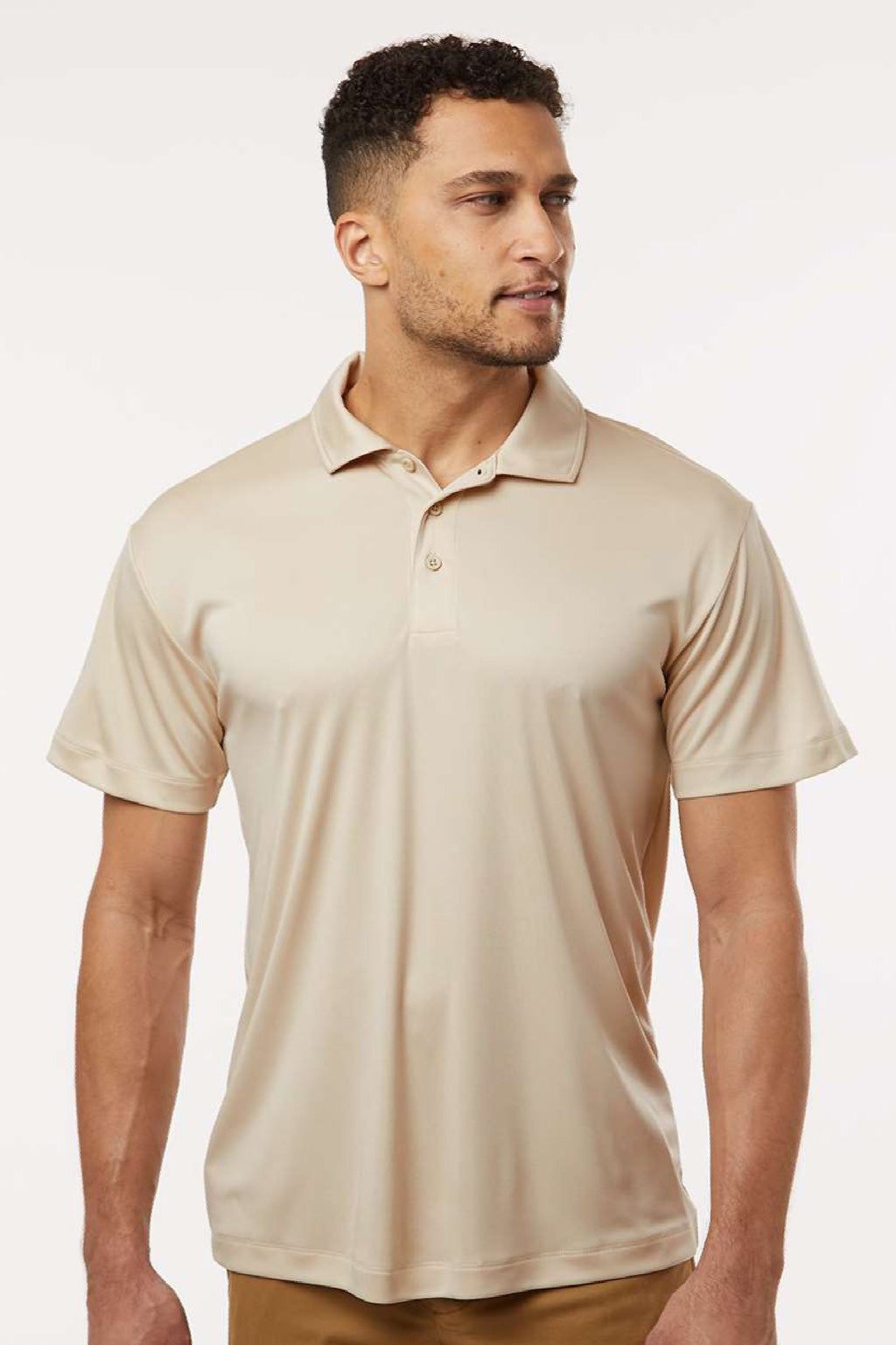 AllPro 41800 Mens Pro Lock Performance Short Sleeve Polo Shirt Sand Brown Model Front
