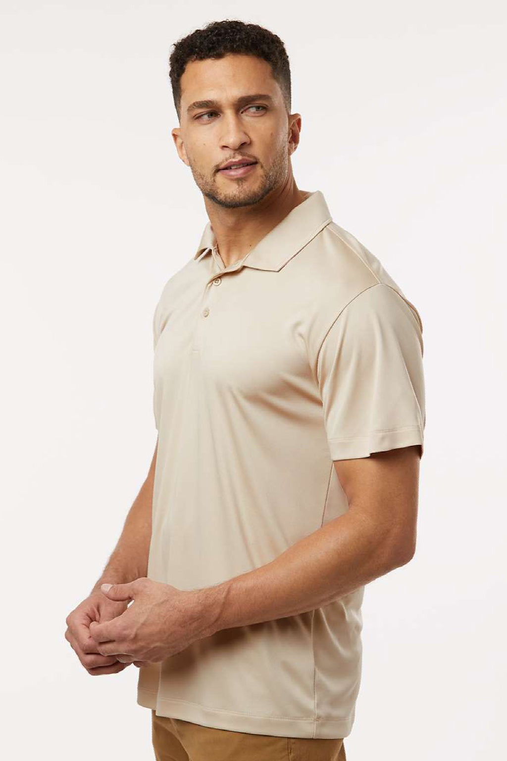 AllPro 41800 Mens Pro Lock Performance Short Sleeve Polo Shirt Sand Brown Model Side