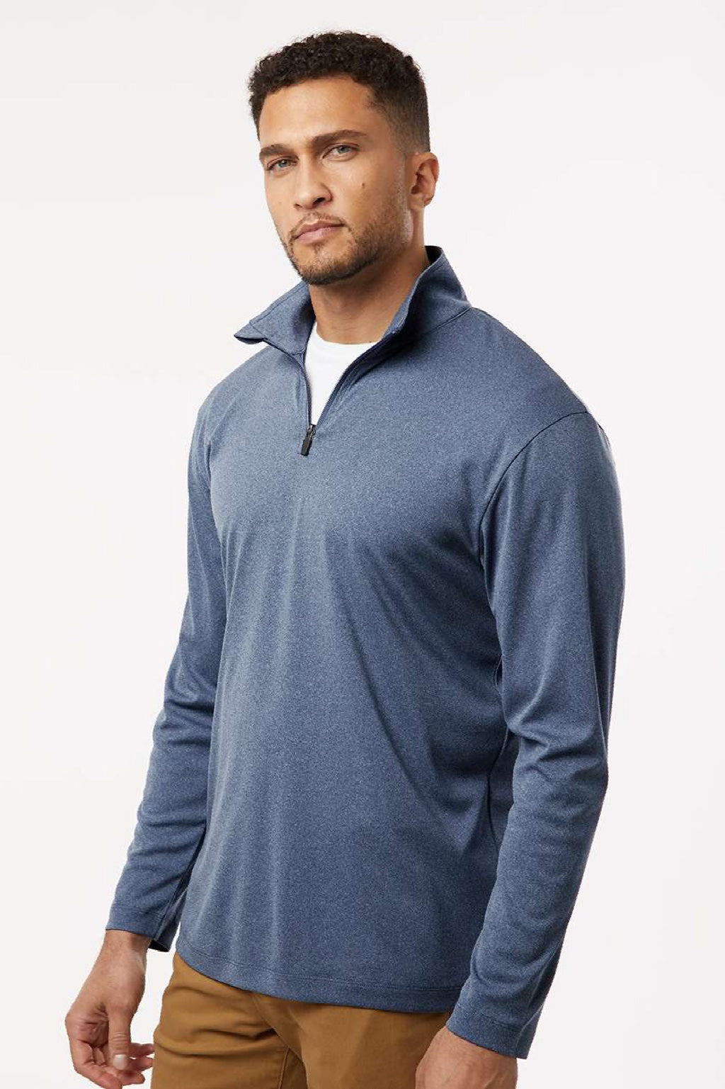 AllPro 41870 Mens Pro Lock Performance 1/4 Zip Sweatshirt Heather Navy Blue Model Side