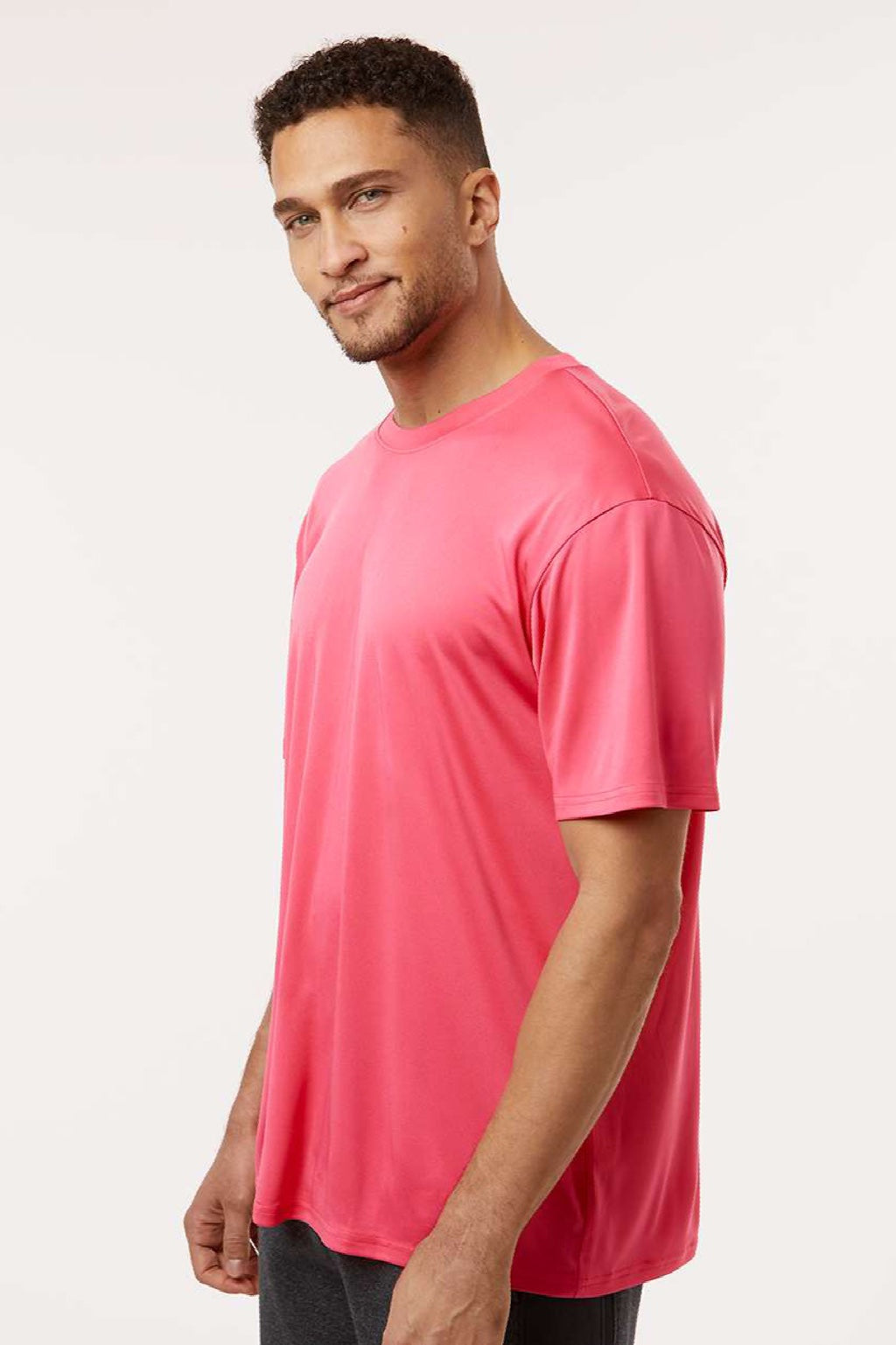 AllPro 48000 Mens Pro Lock Performance Short Sleeve Crewneck T-Shirt Bright Pink Model Side