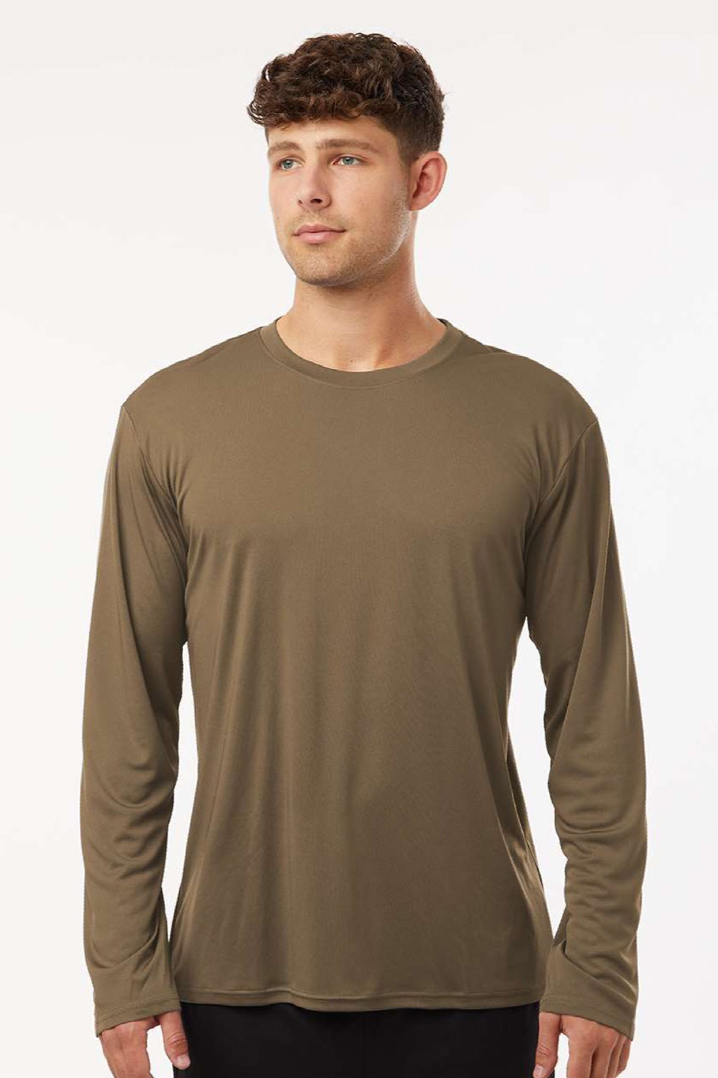 AllPro 48400 Mens Pro Lock Performance Long Sleeve Crewneck T-Shirt Cigar Brown Model Front