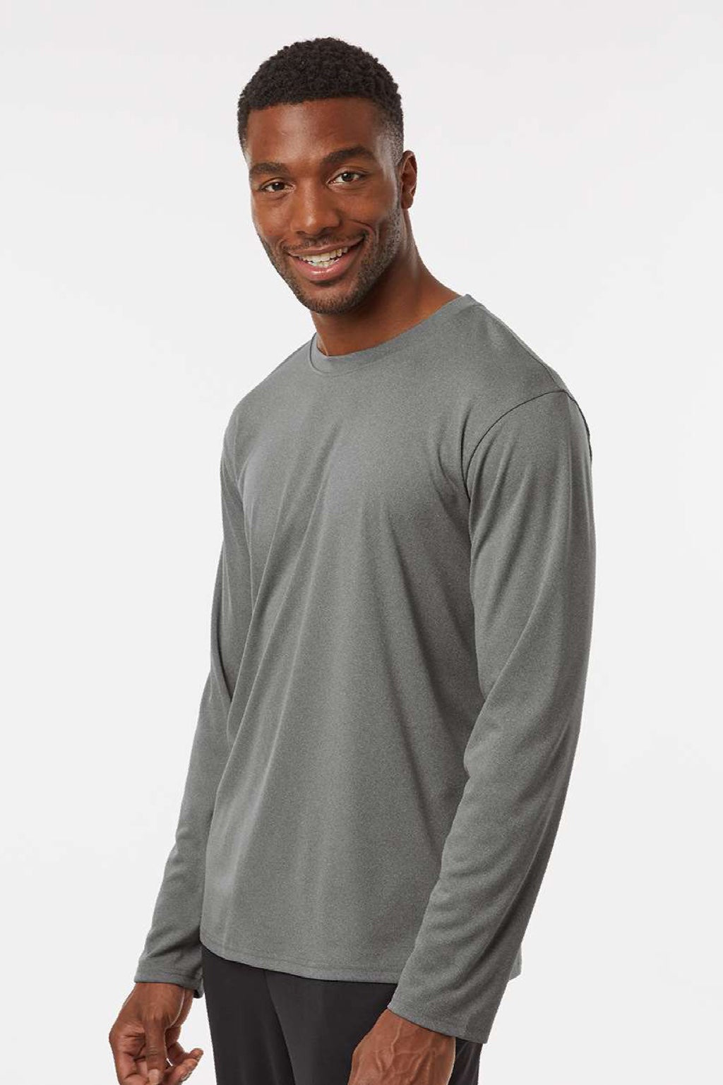 AllPro 48400 Mens Pro Lock Performance Long Sleeve Crewneck T-Shirt Heather Granite Grey Model Side