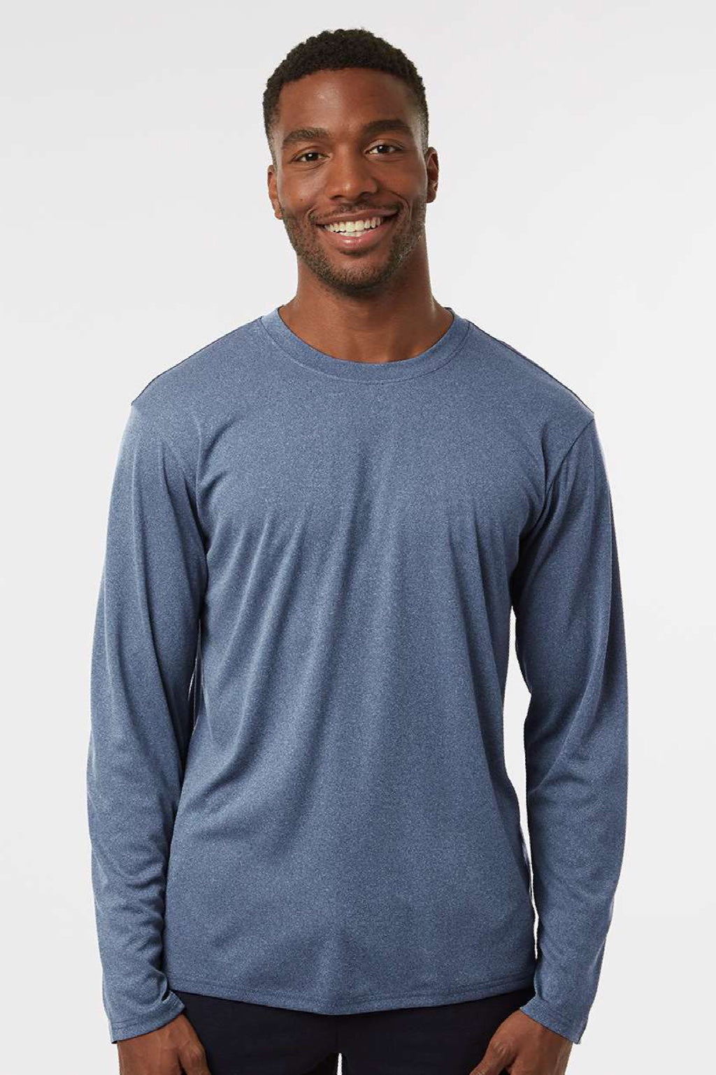 AllPro 48400 Mens Pro Lock Performance Long Sleeve Crewneck T-Shirt Heather Navy Blue Model Front