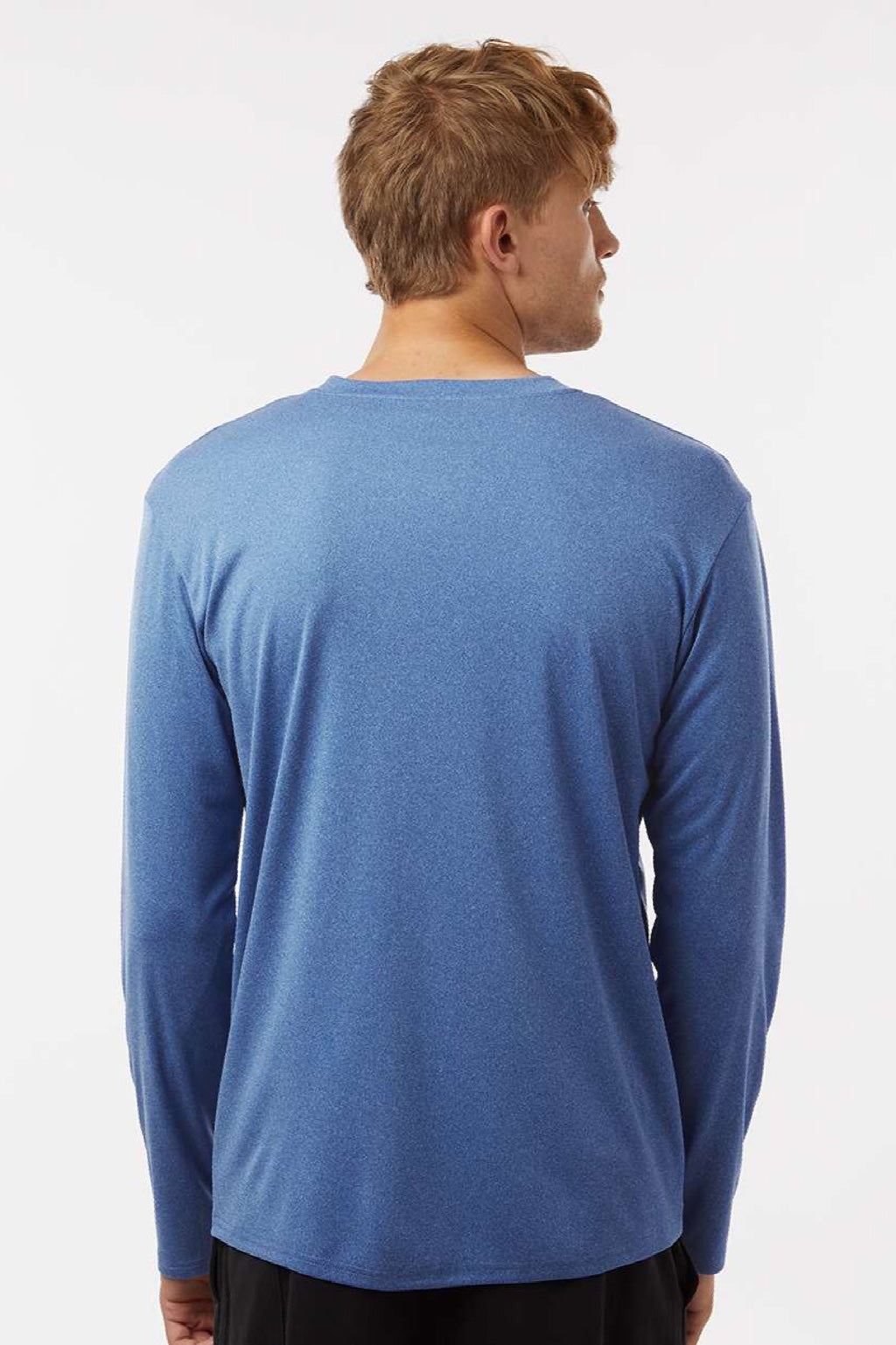 AllPro 48400 Mens Pro Lock Performance Long Sleeve Crewneck T-Shirt Heather Royal Blue Model Back