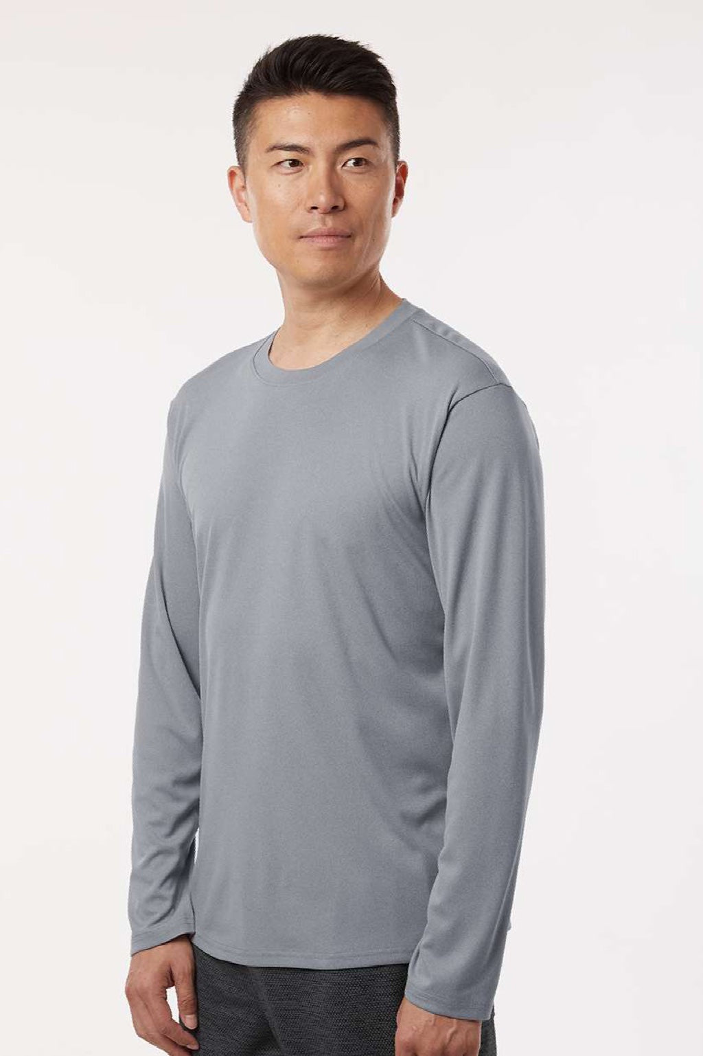 AllPro 48400 Mens Pro Lock Performance Long Sleeve Crewneck T-Shirt Heather Steel Grey Model Side