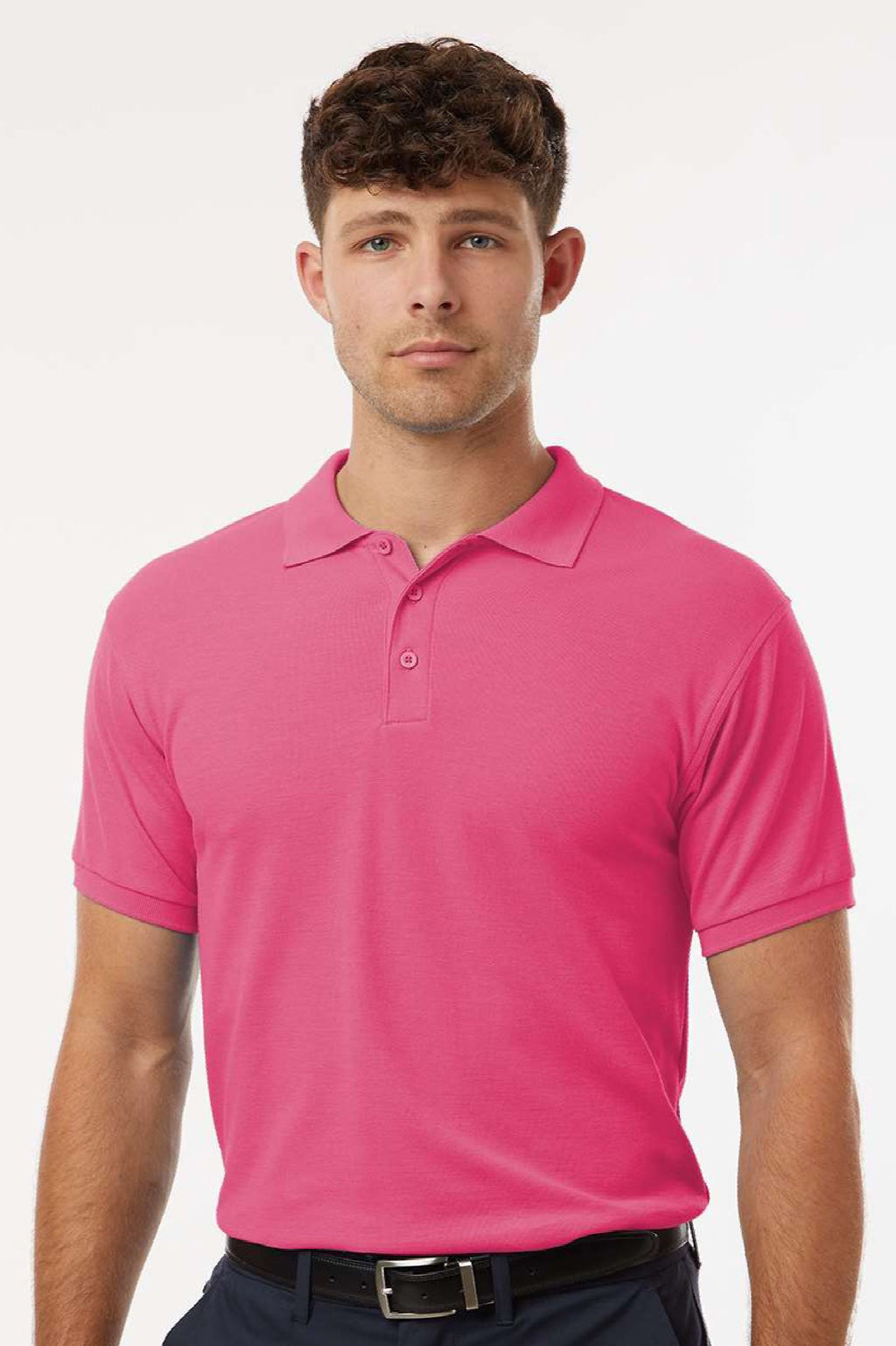 AllPro 62800 Mens Pique Short Sleeve Polo Shirt Bright Pink Model Front