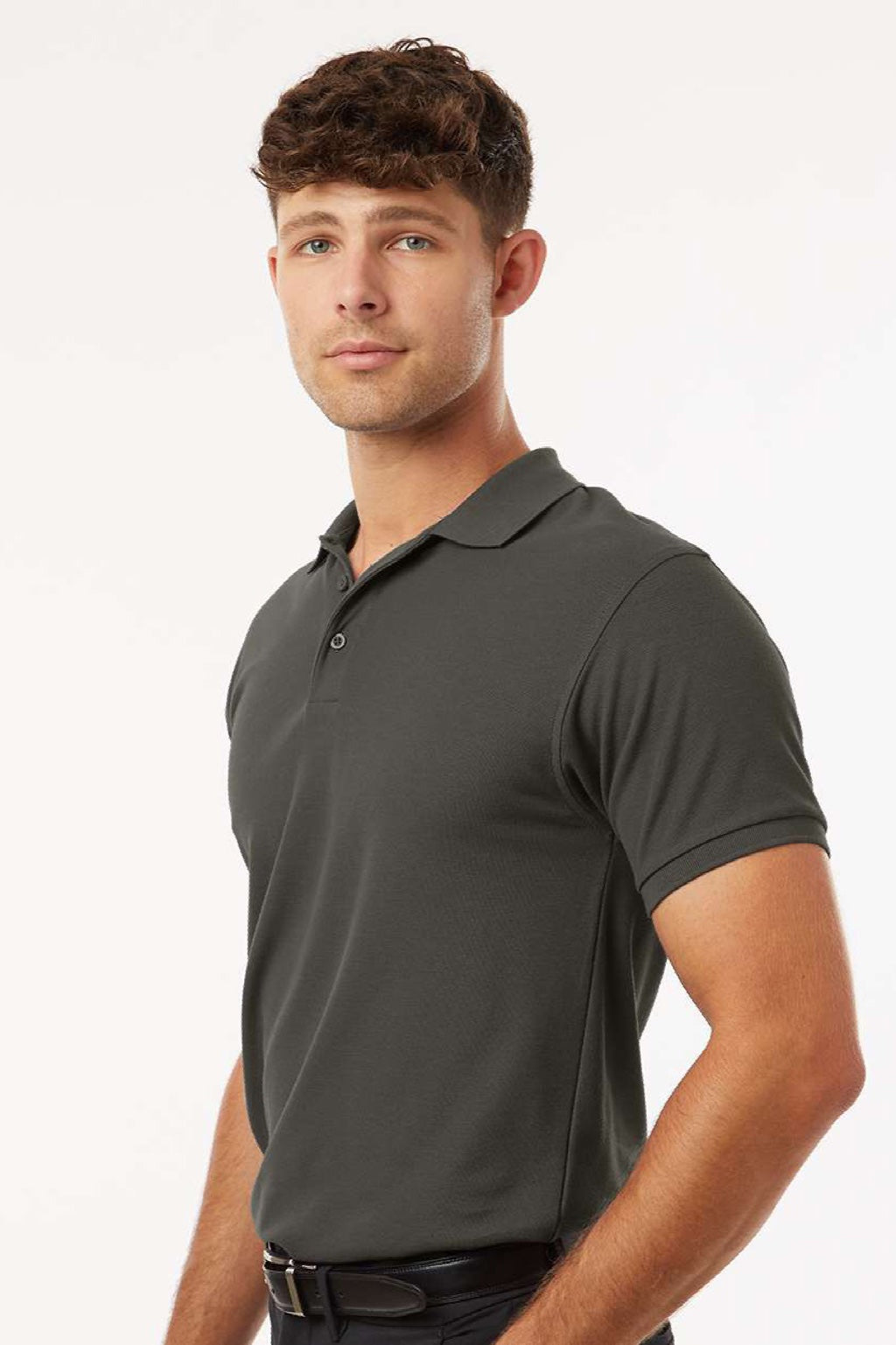 AllPro 62800 Mens Pique Short Sleeve Polo Shirt Charcoal Grey Model Side