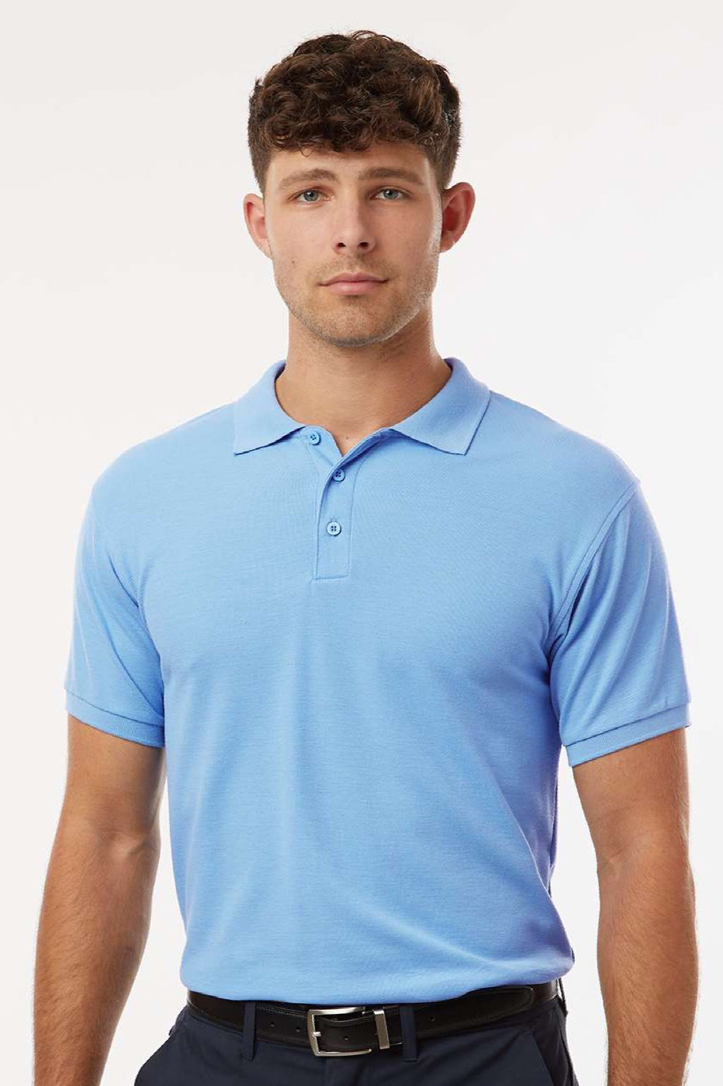AllPro 62800 Mens Pique Short Sleeve Polo Shirt Cloud Blue Model Front