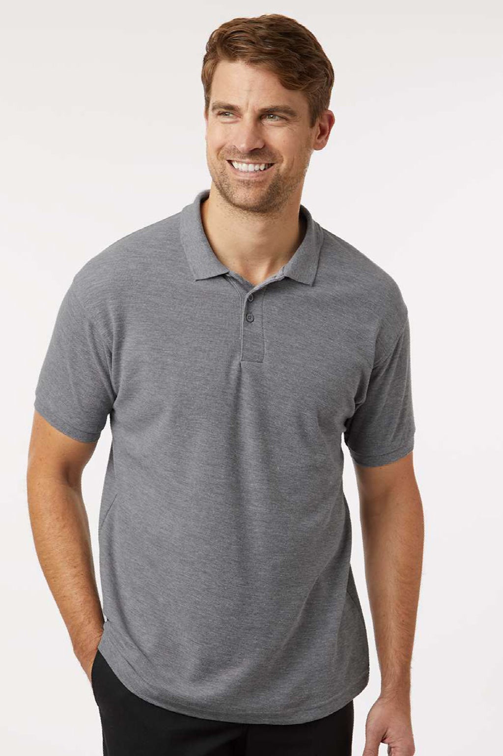 AllPro 62800 Mens Pique Short Sleeve Polo Shirt Heather Granite Grey Model Front